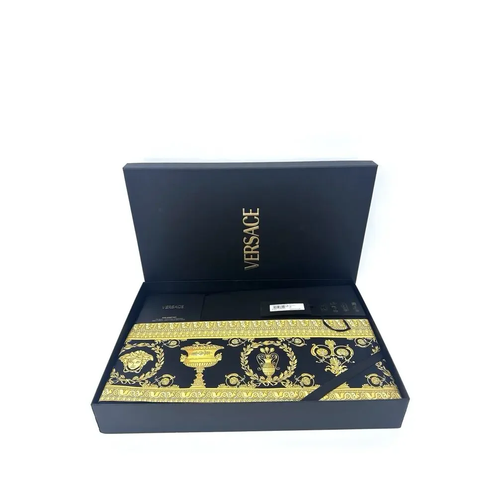 NIB Versace Home Bed Sheet Set 4 Pieces Black Gold Barocco Print Size King
